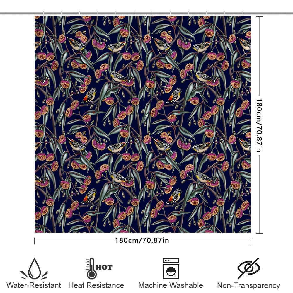 Cortina de ducha de pájaros vintage, patrón floral botánico, decoración de baño, forro lavable, tela impermeable, textil para el hogar
