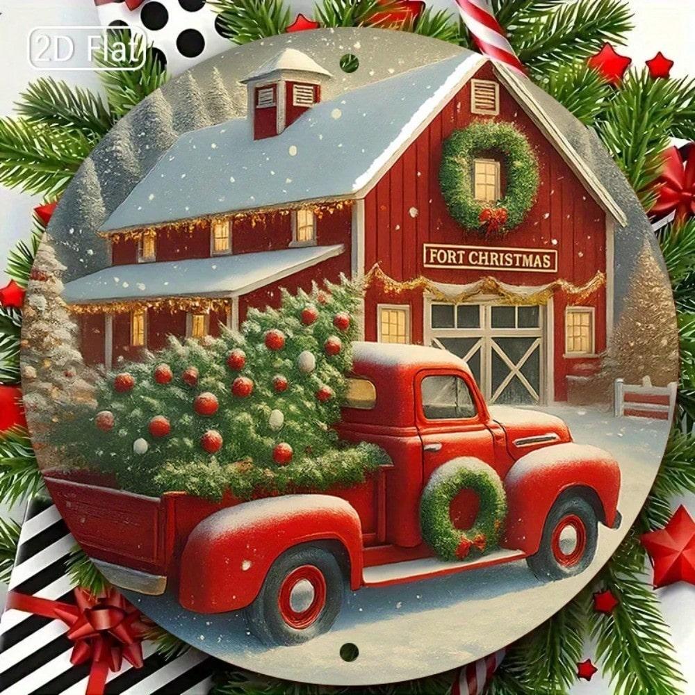 Runde Blechwandkunst, Flaches Weihnachtsornament für moderne Wohnzimmerdekoration
