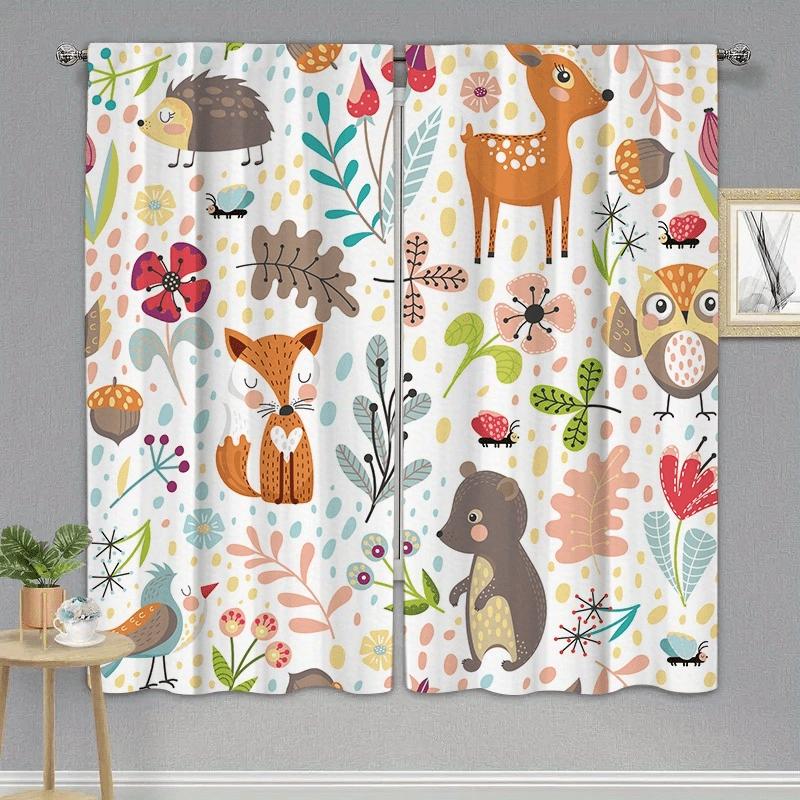 Cartoon Animal Zoo Forest Family Print Curtains Rod Pocket Mount Digital Printed for Living Room Kitchen Bedroom Home Decor 2pcs