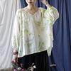 Johnature Women Vintage Ramie T-Shirts V-Neck Long Sleeve Print Floral Green Tees Autumn Loose Casual Women T-Shirts