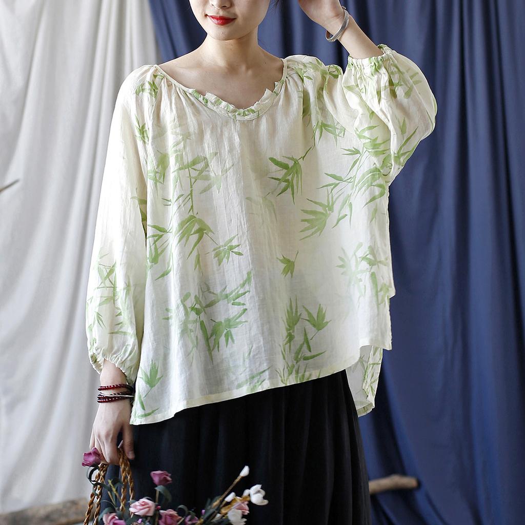 Johnature Women Vintage Ramie T-Shirts V-Neck Long Sleeve Print Floral Green Tees Autumn Loose Casual Women T-Shirts