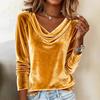 Women'S Solid Color Velvet Cowl Neck Blouse Long Sleeve Draped V-Neck Pullover Top Elegant Casual Loose Fit Fall Winter T Shirt