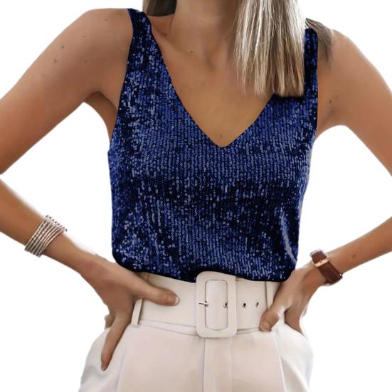 Women Tops Deep V-Neck Sparkling Sequins Design Sleeveless Vest Loose Fit Party Camisole Nightclub Wear