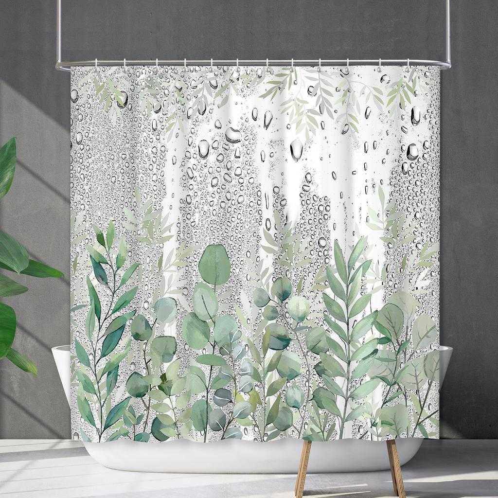 Bathroom Curtain Waterproof Shower Curtain Digital Printing Water Droplets Plant Diffuse Non-Punching Toilet Partition Curtain Shower Cloth