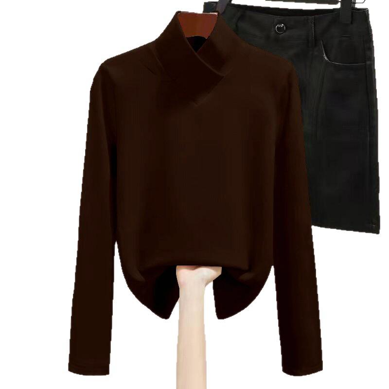 Women's Plush Thermal Slimming Top - Half-High Collar, Velvet-Lined, Versatile T-Shirt for Autumn Winter.