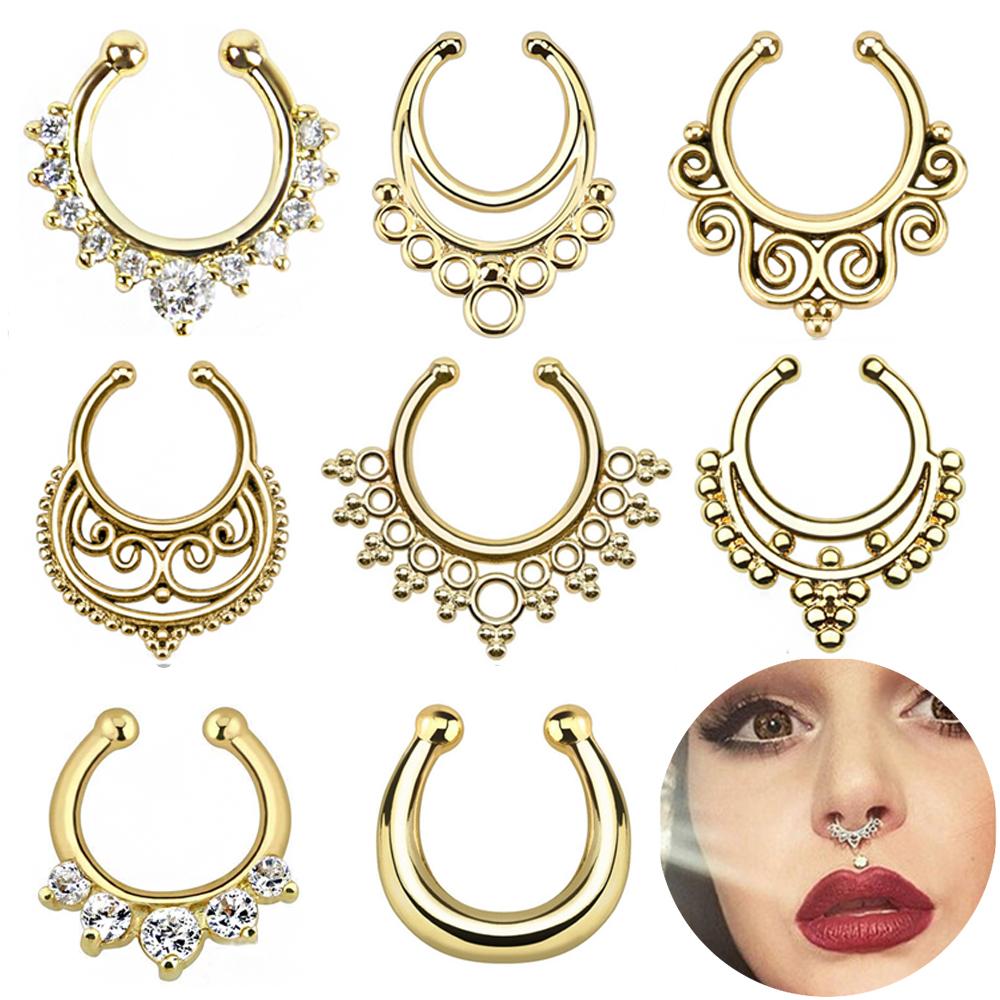 16g Steel Gold CZ Septum Fake Piercing Mix Styles Falso Septum Nose Rings Clickers Men Body Jewelry Piercing Nariz Daith Helix