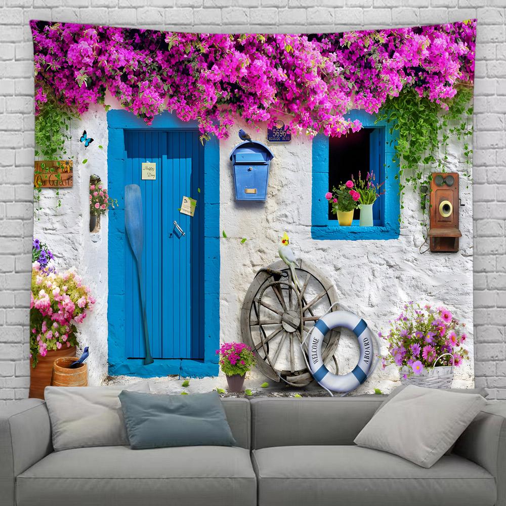 Griechenland Stadt Hippie Wandteppich Frühlingsblumen Straße Wandteppich Haus Hof Terrasse Wandbehang Kunst Wohnzimmer Wandmalerei Wandteppich