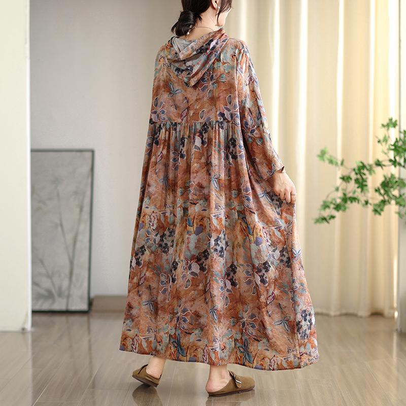 

DIMANAF 2025 Women Plus Size Long Hat Dress Loose O-Neck Printing Casual Floral Oversize Long Sleeve 8219 One Size