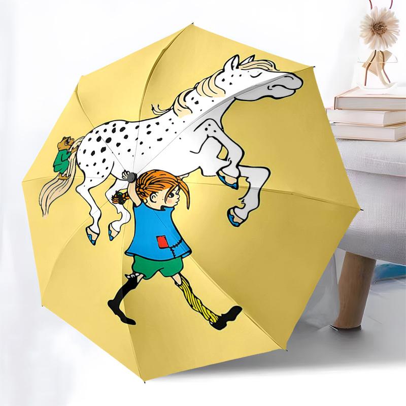 Ombrello da Viaggio a Tema Pippi Calzelunghe - 8 Stecche, Apertura e Chiusura Automatiche, Design Pieghevole Portatile, Ombrello Compatto ed Elegante Adatto
