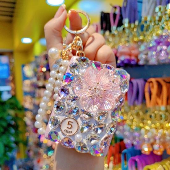 Bling Rhinestone Folding Makeup Mirror Travel Pocket Mirror Keychain Double-Sided with Beaded Wrist Bag Charm