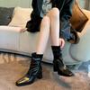 Thick legs widened large tube circumference short boots women's autumn and winter  new pleated square head high heel large size women's shoes