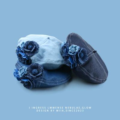 Y2K Korean Designer Vintage Elegance Denim Blue Camellia Beret Hats For Women Spring Summer Femininity Niche Casual Painter Caps