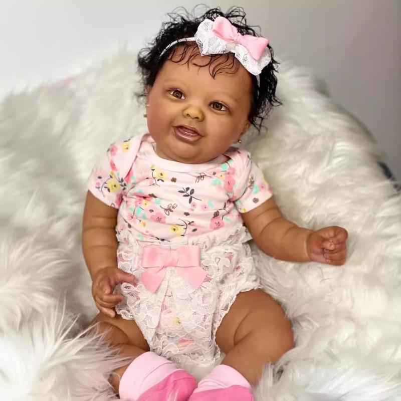24 " 60 Cm Black Skin Rebirth Baby Doll Girl KODI Sof Cloth Body Simulation Reborn Dolls Lifelike Handmade Rooted Short Curly Hair Newborn Babies Doll