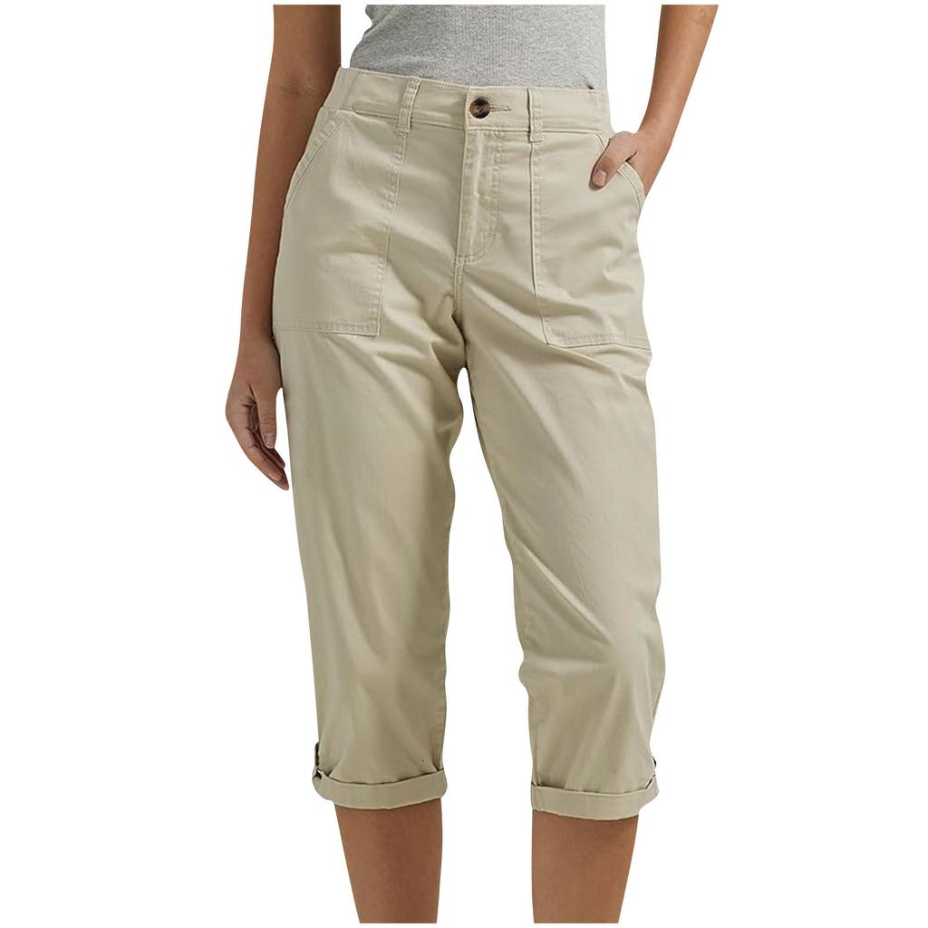 Women Casual Capri Pants High Waisted Rolled Cuff Ankle Pants Solid Color Pocket Detail Loose Fit Trousers