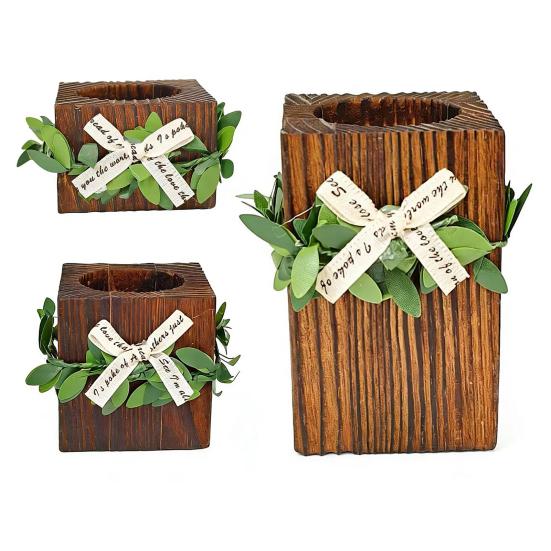 Wooden Tealight Candle Holder Rustic Wood Pillar Candle Stand with Bow Vintage Table Centerpiece for Fireplace Living Dining Room