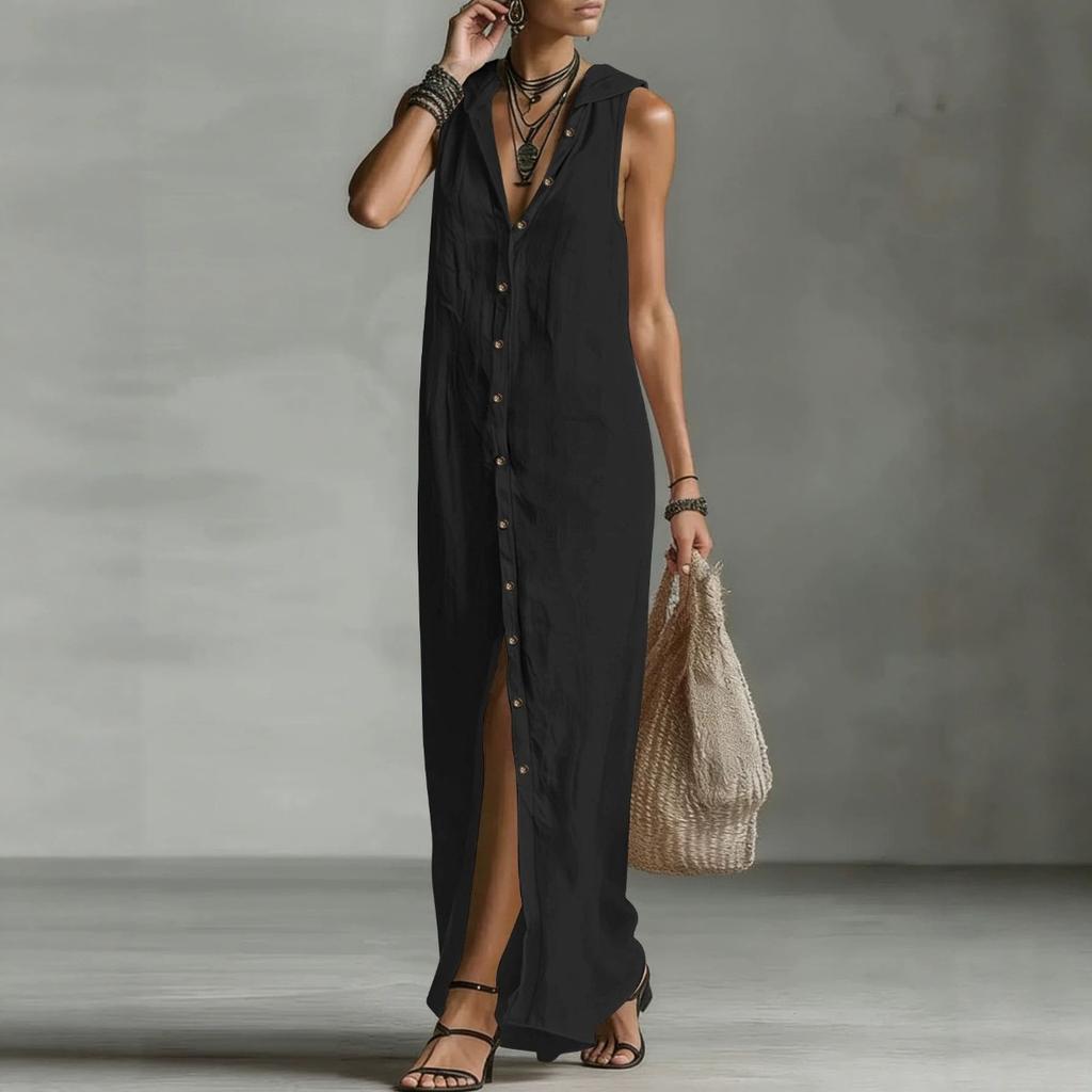 Spring Summer Solid Color Sleeveless Hooded Dress, Casual Single-breasted Cardigan Cover Up For Women