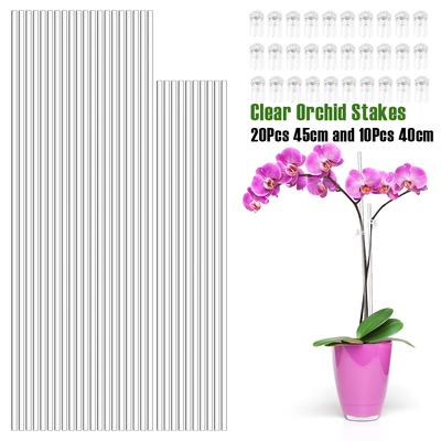 30 Stück Klare Orchideenstäbe Acryl Pflanzstäbe mit 30 Klemmen 45cm und 40cm Pflanzstützstab für Topfblume Gemüse