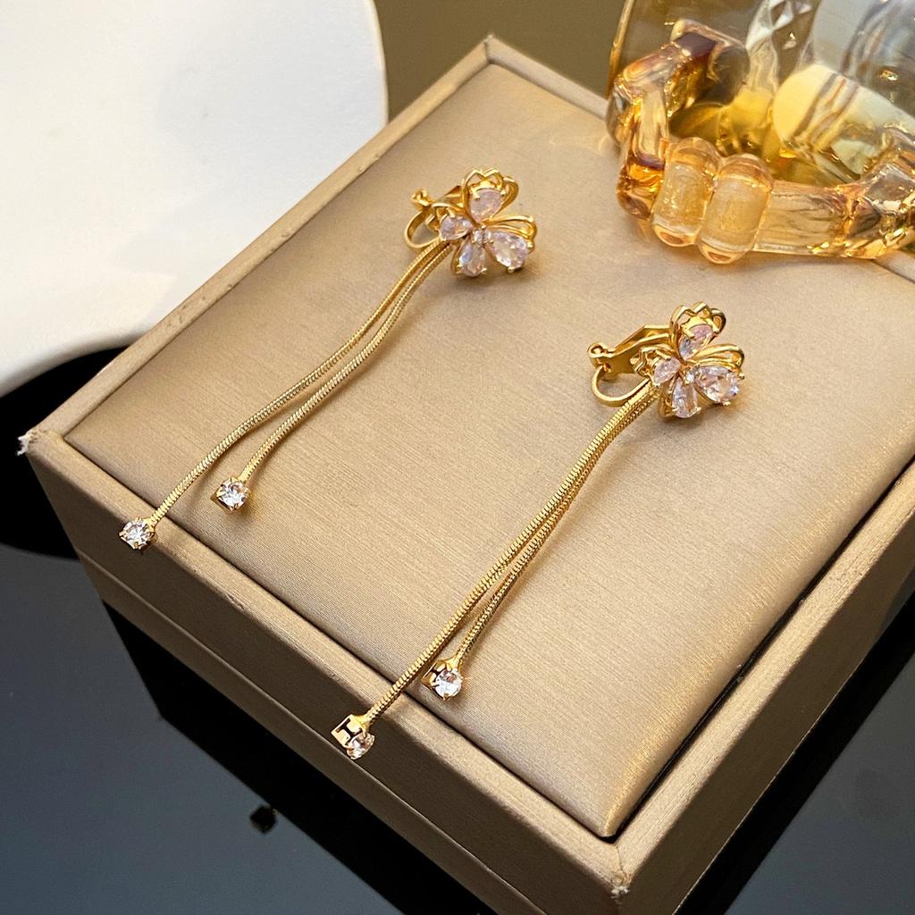 Flower Shaped Clip On Earrings with Long Tassel for Women