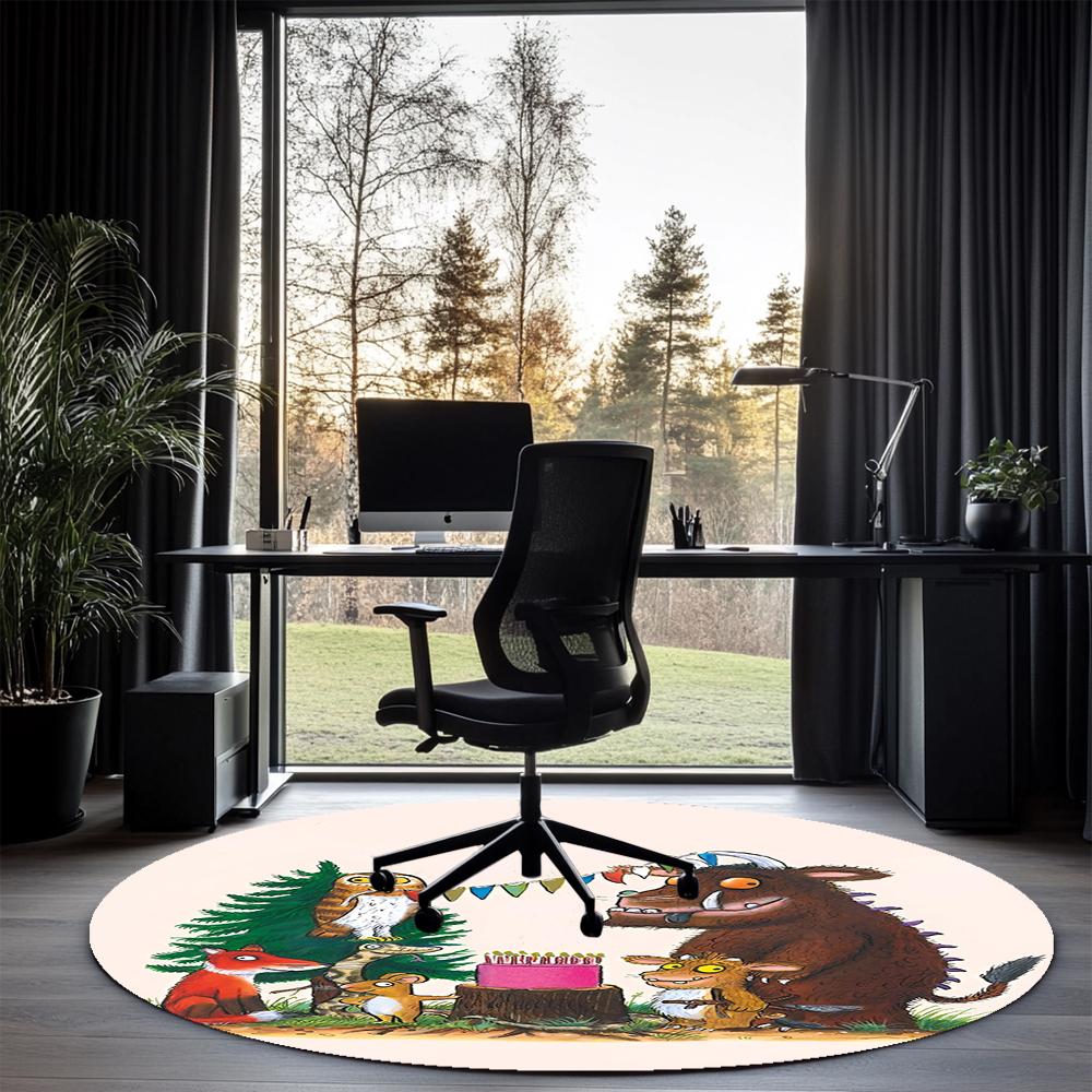 Kulatý koberec s potiskem Gruffalo, Koberec pod židli, Kusový koberec, Rohožka ke vchodu, pro kancelářskou židli, obývací pokoj, ložnici, kuchyň.