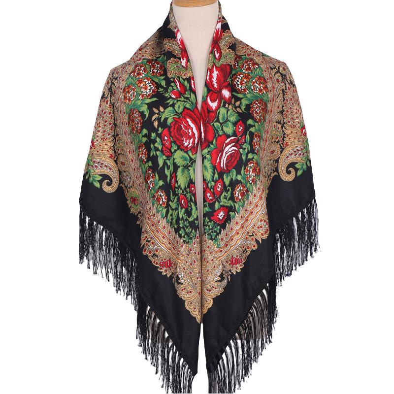 Ethnic Print Tassel Shawl For Women Autumn Winter Warm Square Scarf Bandanas Summer Sun Protection Headscarf Versatile Wrap