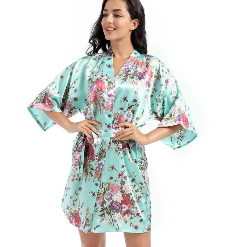 Women's Floral Bride Bridesmaids Robe Satin Wedding Kimono Bridal Dressing Gown Sleepwear