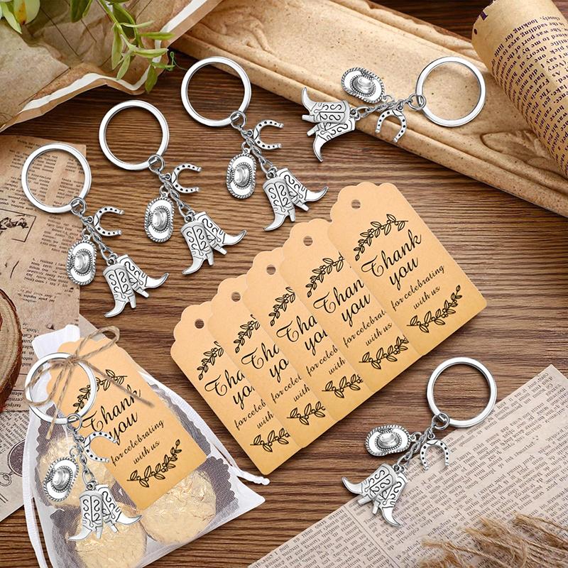 24 Set Cowboy Western Party Favors Cowboy Keychain Hat Boot Horse Shoe Keyring With Organza Bags Thank You Tags And Rope