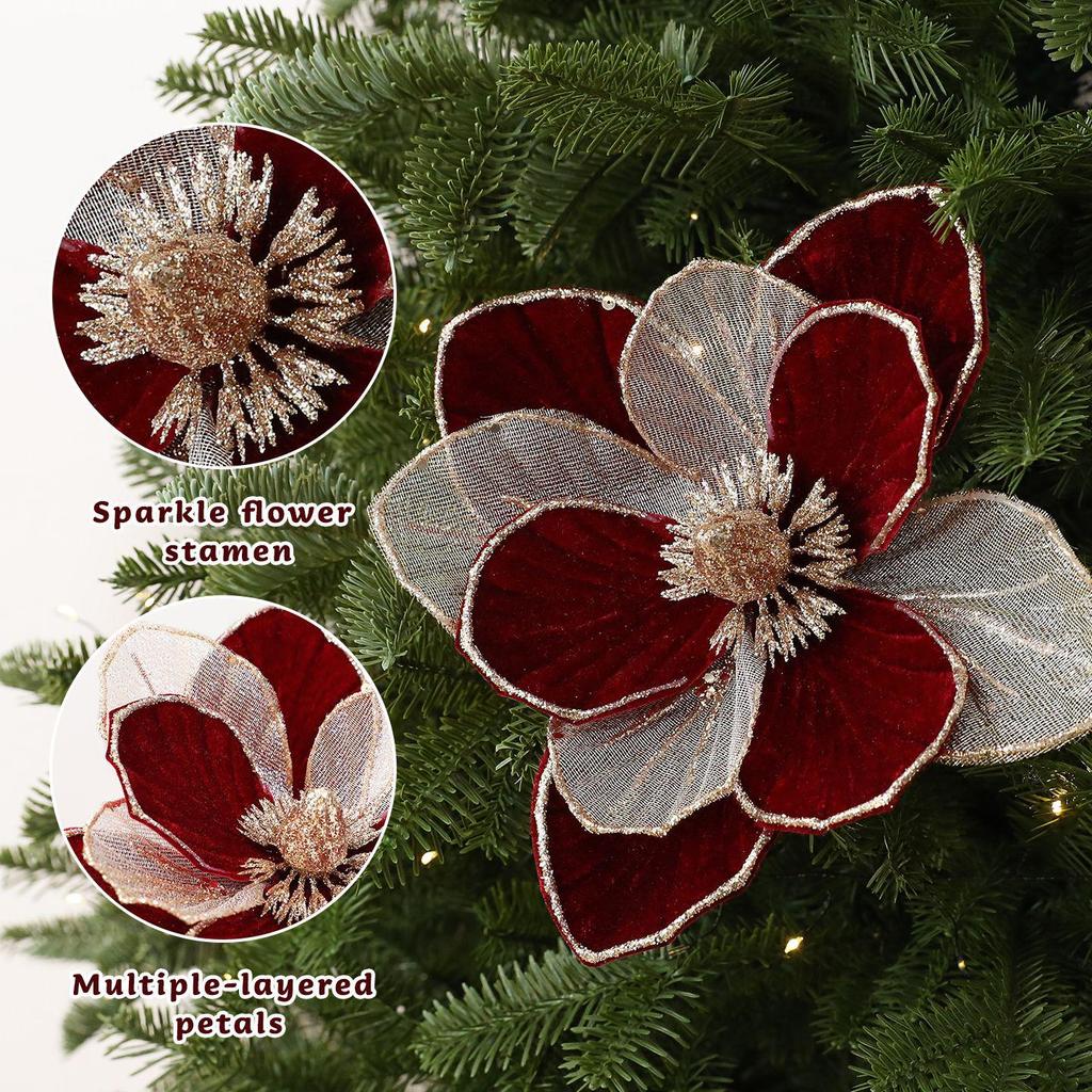 2026 New Christmas Flower Ornaments: Simulated Floral Decorations with Sequins for Christmas Tree and Scene Decor.