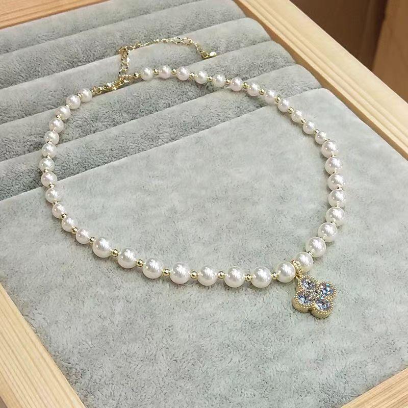 Four-Leaf Flower Pearl Necklace Women'S High Sense Versatile Temperament Zircon Pendant