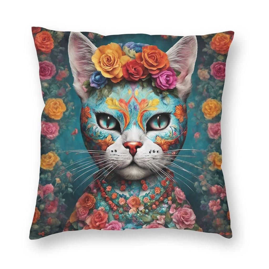 Da De Muertos Las Cat Square Pillowcase Polyester Linen Velvet Creative Zip Decorative Pillow Case Home Cushion Cover x