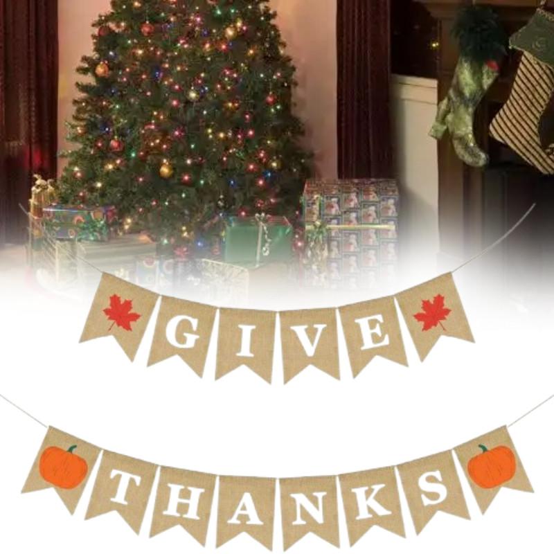 Letter Give Thanks Banner Burlap Flag Banners Thanksgiving Party Decorations
