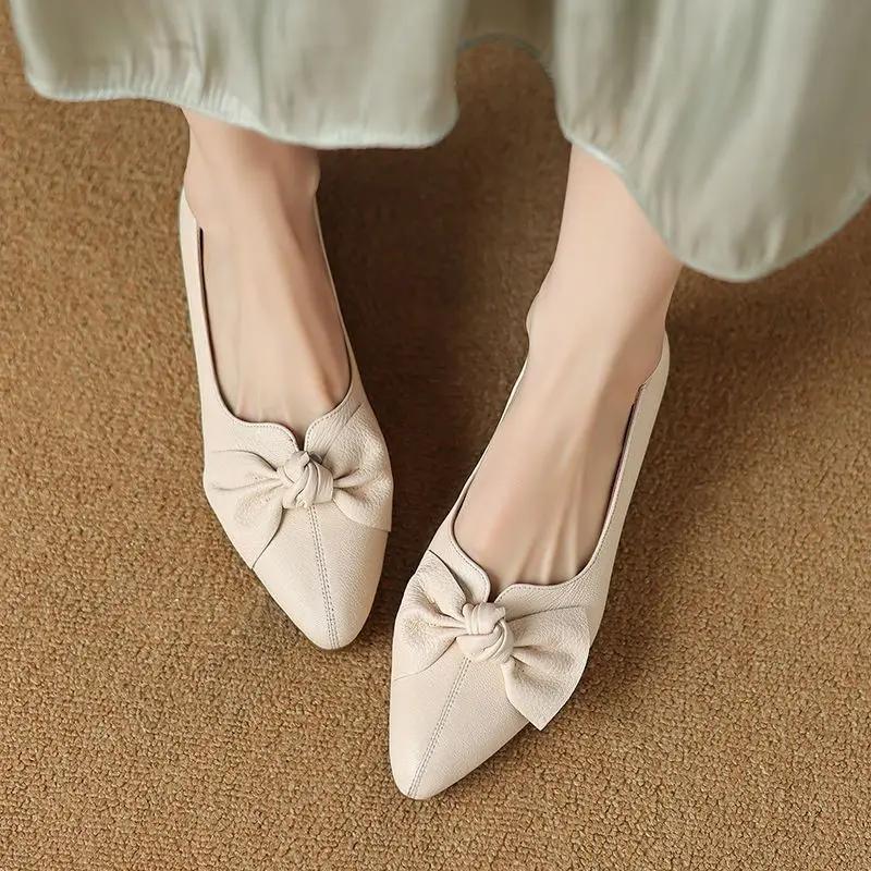 Fashion Moccasins Low Heel Elegant Pointed Toe Ladies Pumps with Bow Chunky Heels Block Women's Shoes Lastest Quick Delivery Footwear 39