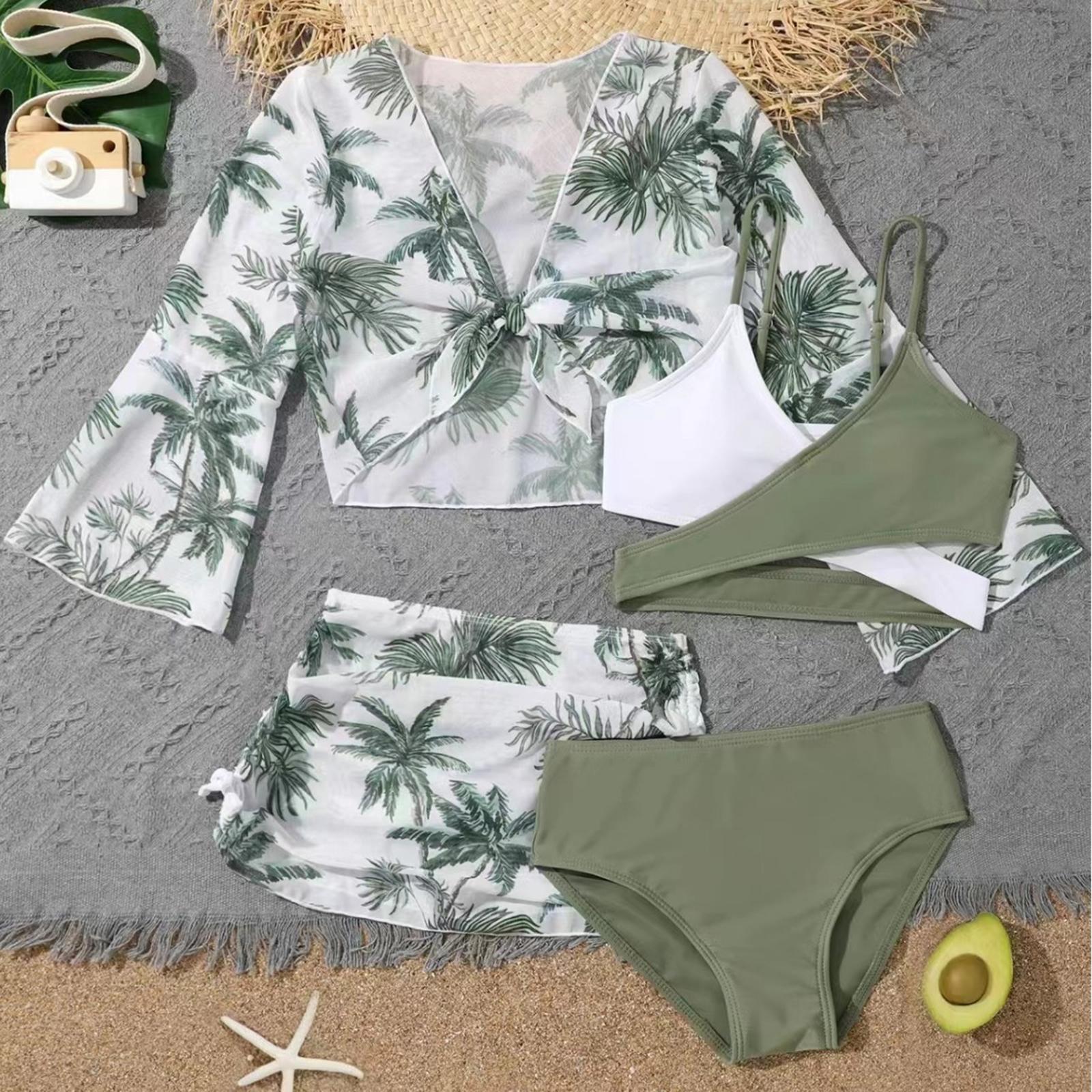 Miss Beauty26 Meisjes Tweedelig Zwempak Set met Hoge Taille Broekje en Lange Mouwen Cover-up Top Drie Delige Zwemkleding Set voor Kinderen 130 groen