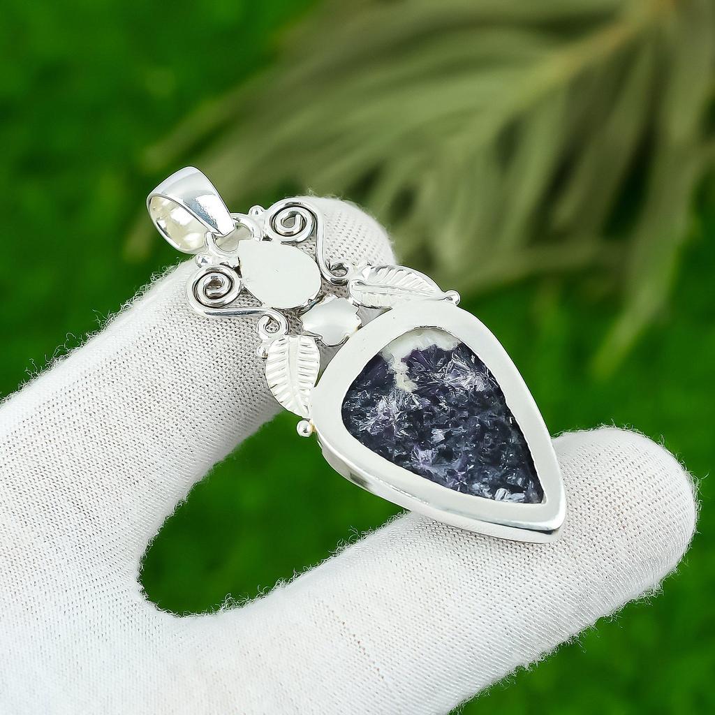 Pear Third Eye Chakra Natural Lepidolite 925 Silver Bezel Art Deco Wife Pendant