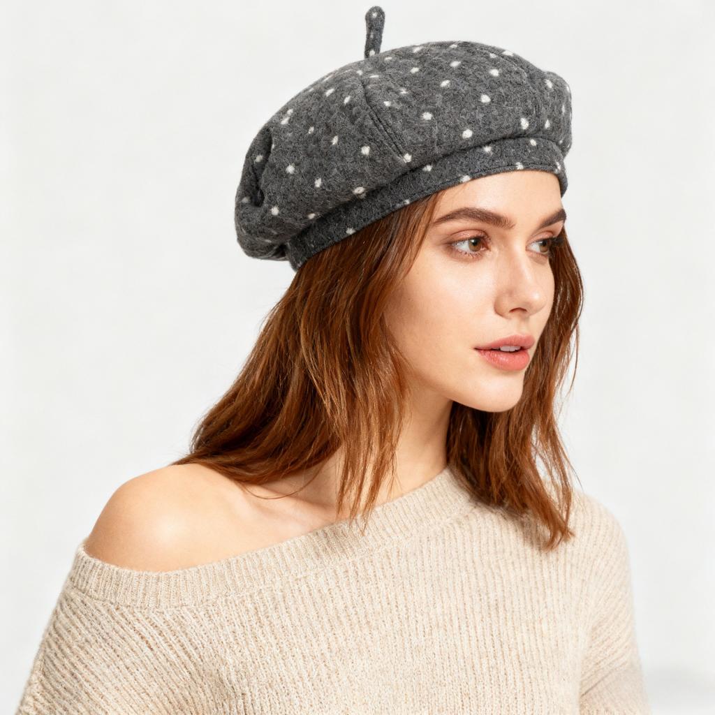 Black polka dot hat woolen beret female autumn and winter face small bud hat big head circumference painter hat