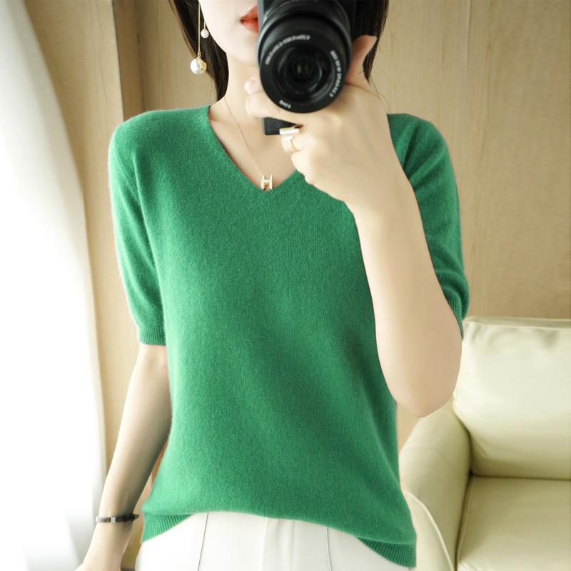 GMXIA Spring Short-sleeved Women's Fashion Sweater Sweater Knit V-neck Half-sleeved Fashion Everything Loose Base T-shirt
