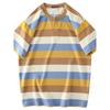 American Retro Henley Shirt Men Heavy Weight Pure Cotton Minimalist Henry Collar Stripes Short Sleeve T-shirt Export Menswear T-shirt