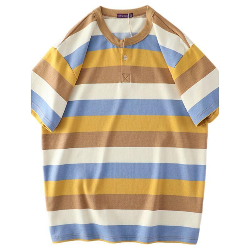 American Retro Henley Shirt Men Heavy Weight Pure Cotton Minimalist Henry Collar Stripes Short Sleeve T-shirt Export Menswear T-shirt