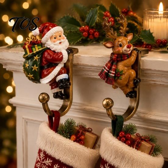 Elk Christmas Stocking Holders Holder for Mantel Shelf, Resin Santa Snowman Retro Metal Hanging Hooks Reindeer Hooks, No-Drill Fireplace Hanger