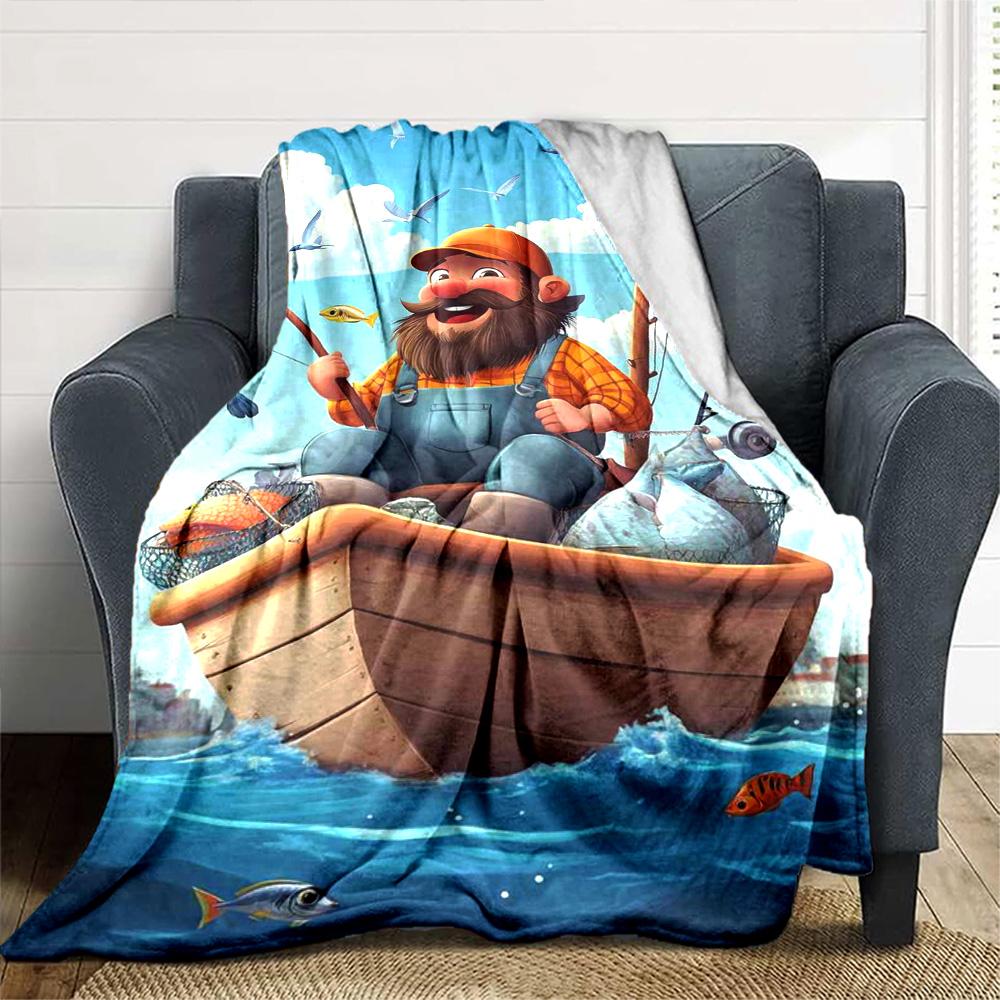 Cartoon Fisherman Boat Ocean Fish Print Flannel Throw Blanket Soft Plush Blanket for Sofa Couch Bedroom Home Decor