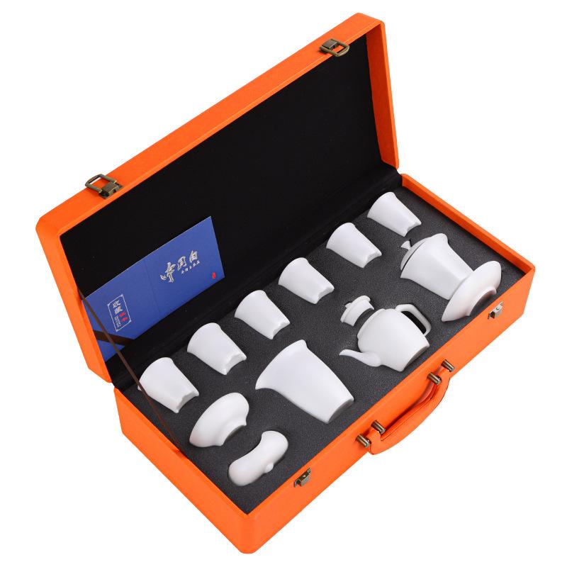High-end Vegetarian-fired Suet Jade Porcelain Ice-type Kung Fu Tea Set, Household Gifts for Customers, High-end Business Gift Set