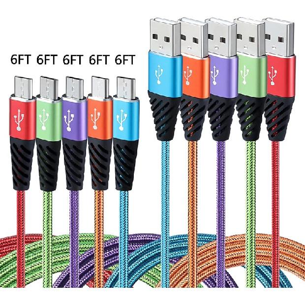 Teyssor Micro USB Cable 6FT 5-Pack Long Android Charger Cable Nylon Braided Cell Phone Charger Android Fast Charging Cord Compatible with Samsung 6FT*5-RBOPG