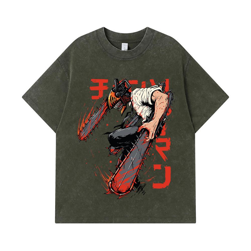 275 GSM Washed T-shirts 100% Cotton Chainsaw Man V21 Denji Print Unisex Heavy Cotton T Shirt