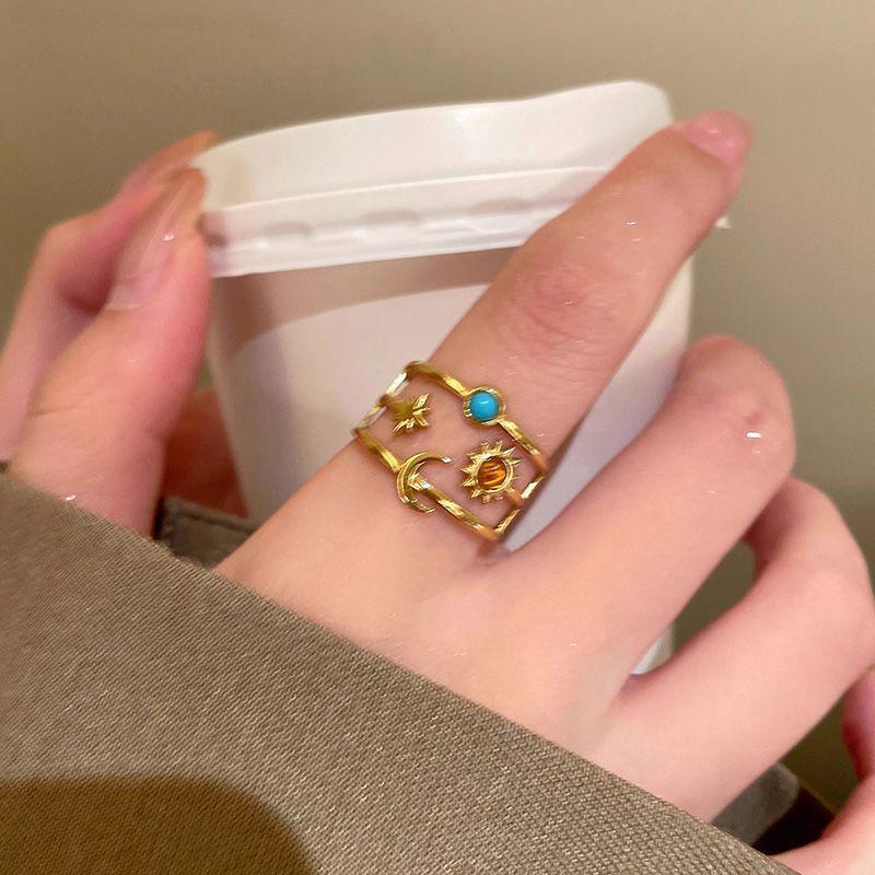 Retro Turquoise Stainless Steel Open Band Ring - Women s High-End Irregular Design Adjustable Open