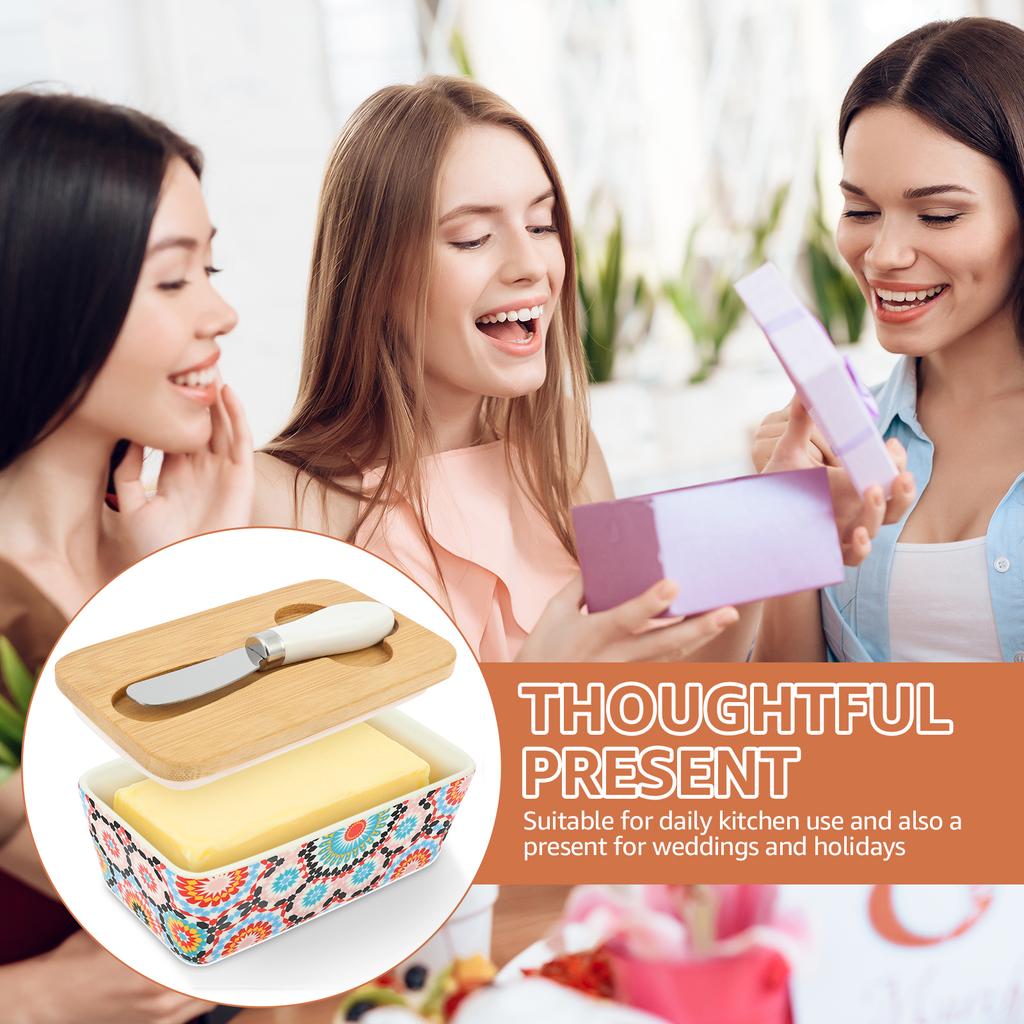 5.83" Large Butter Dish Vintage Ceramic Butter Box with Bamboo Lid Multi-role Counter Square Food Storage Box Kitchen Supplies