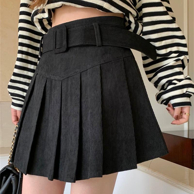 Fat Sister Corduroy Pleated A-Line Skirt for Women - High Waist Slimming Short Skirt for Autumn/Winter