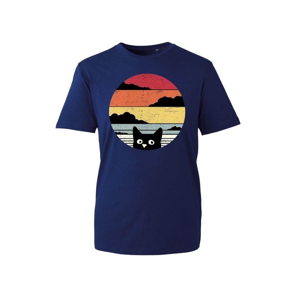 Retro Sunset Cat T Shirt Vintage Cute Black Cat Graphic Tee for Pet Lovers S