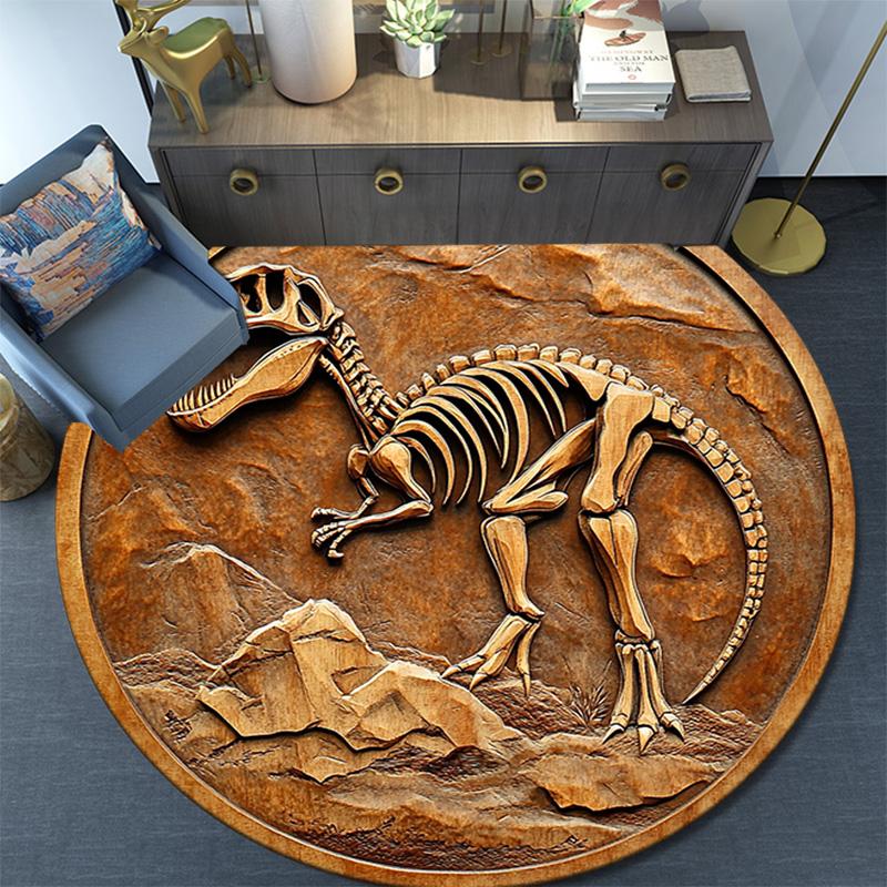 Dinosaur Fossil Relief Round Area Rug,Carpet Rug for Living Room Bedroom Sofa Playroom Decor,Non-slip Floor Mat