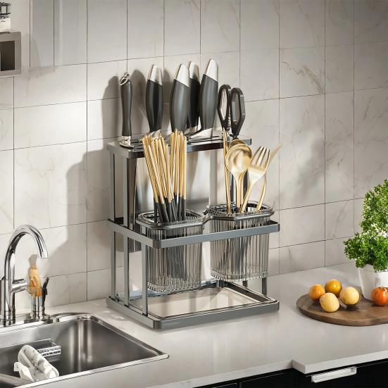 Chopstick Knife Holder Storage Organizer Utensil Cutlery Caddy Large Capacity 2 Compartments Kitchen Countertop Storage Rack
