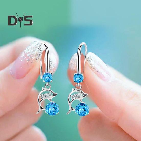 1 Pair Korean Style Hook Earrings Dolphin Design Shiny Rhinestones Drop Earrings Women Mid-length Earrings