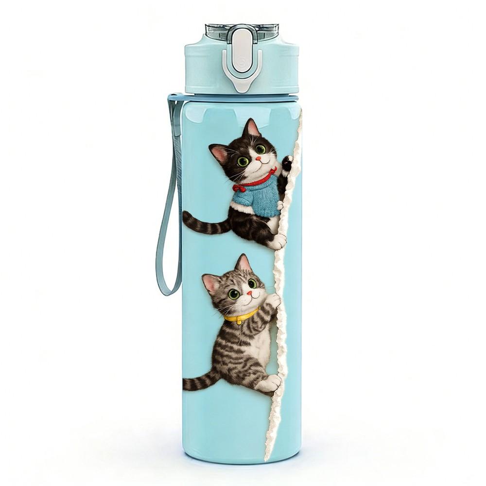 1PC Cat Climbing Up Vertical Wall Print 750ml Color Plastic Sports Water Bottle Leakproof Flip Straw Lid Suitable for Sports Office Home Use